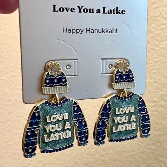 BAUBLEBAR Hanukkah Chanukah Jewish ‘Love You A Latke’ Ugly Sweater Earrings NWT - Picture 3 of 4